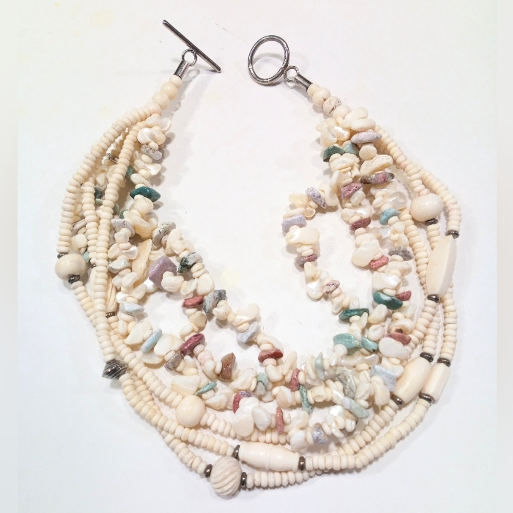 Vegetable Ivory Layered Necklace Antique Beachy Shell Stone